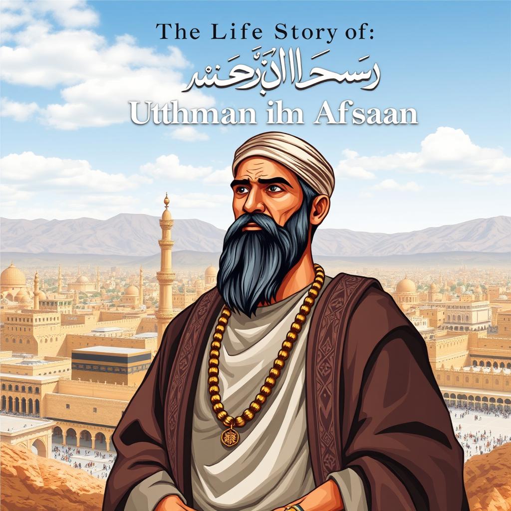 Cover design for 'The Life Story of Uthman ibn Affan', featuring Uthman, the third caliph, celebrated for his kind heart and good character