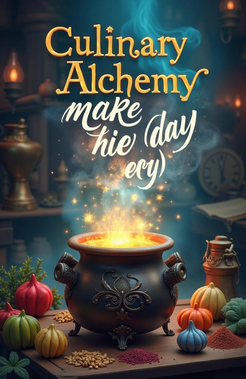 A magical and whimsical cookbook cover featuring a bubbling cauldron surrounded by colorful and exotic spices, with a mystical ambiance