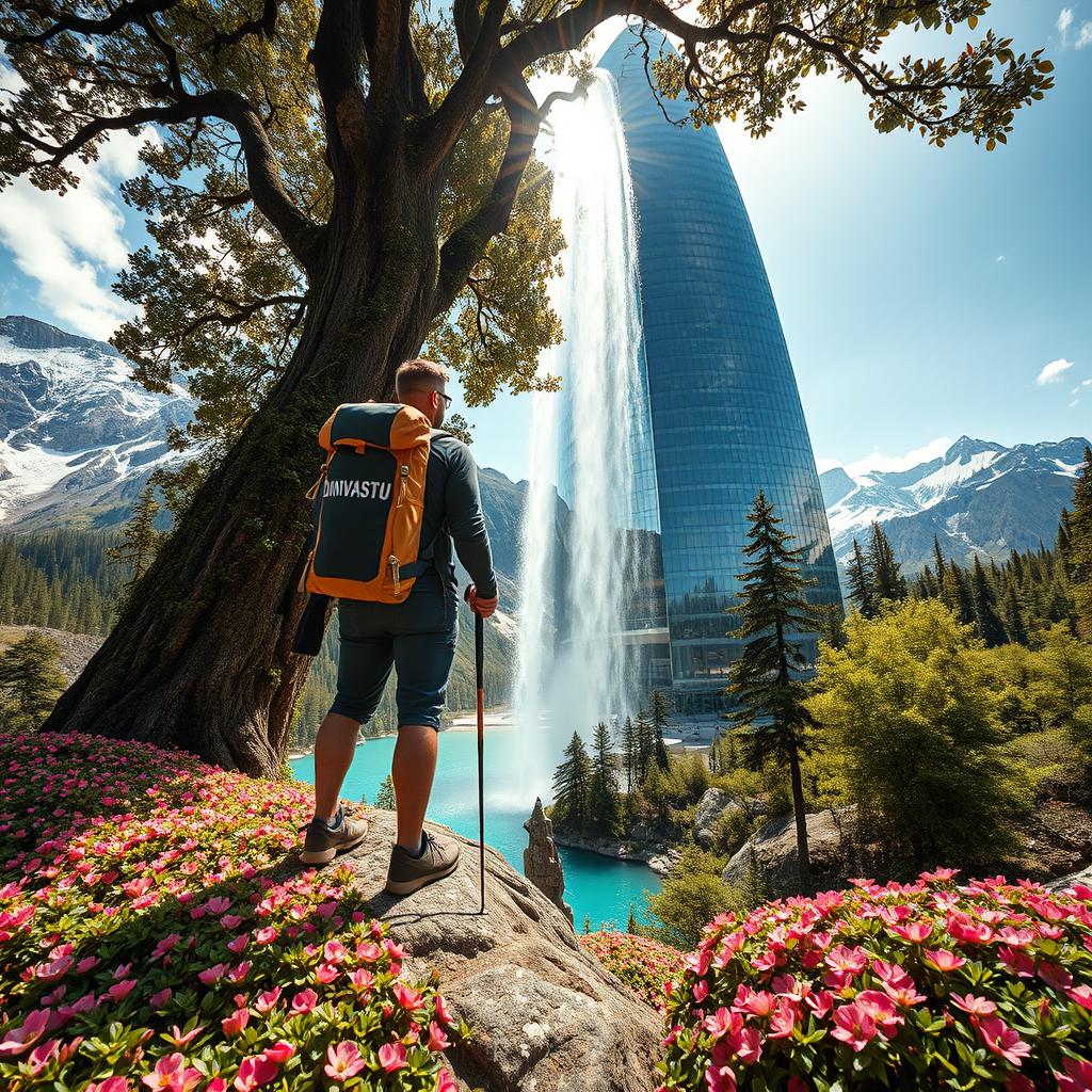 A wide-angle shot capturing an architect standing on a flower-covered rock under a tree with dense foliage and large flowers