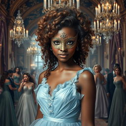 A hyper-realistic depiction of the prettiest fairy young adult girl, her curly light brown hair beautifully contrasting with her striking dark black skin, exuding an enchanting presence