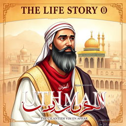 Cover design for 'The Life Story of Uthman ibn Affan', depicting Uthman, the third caliph, renowned for his kind heart and exemplary character