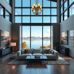 A modern living room interior featuring a panoramic window that opens up to a stunning view of a lake