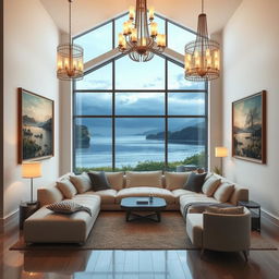 A modern living room interior featuring a panoramic window that opens up to a stunning view of a lake