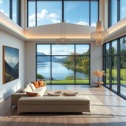 A modern living room interior featuring a panoramic window that opens up to a stunning view of a lake