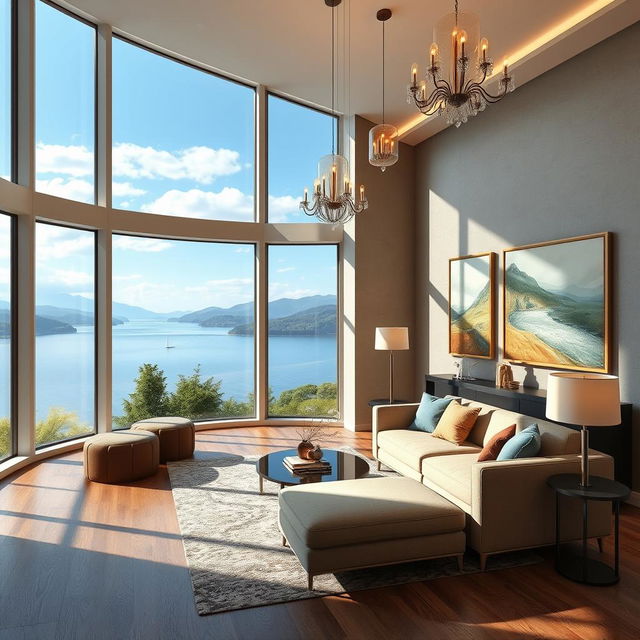 A modern living room interior featuring a panoramic window that opens up to a stunning view of a lake