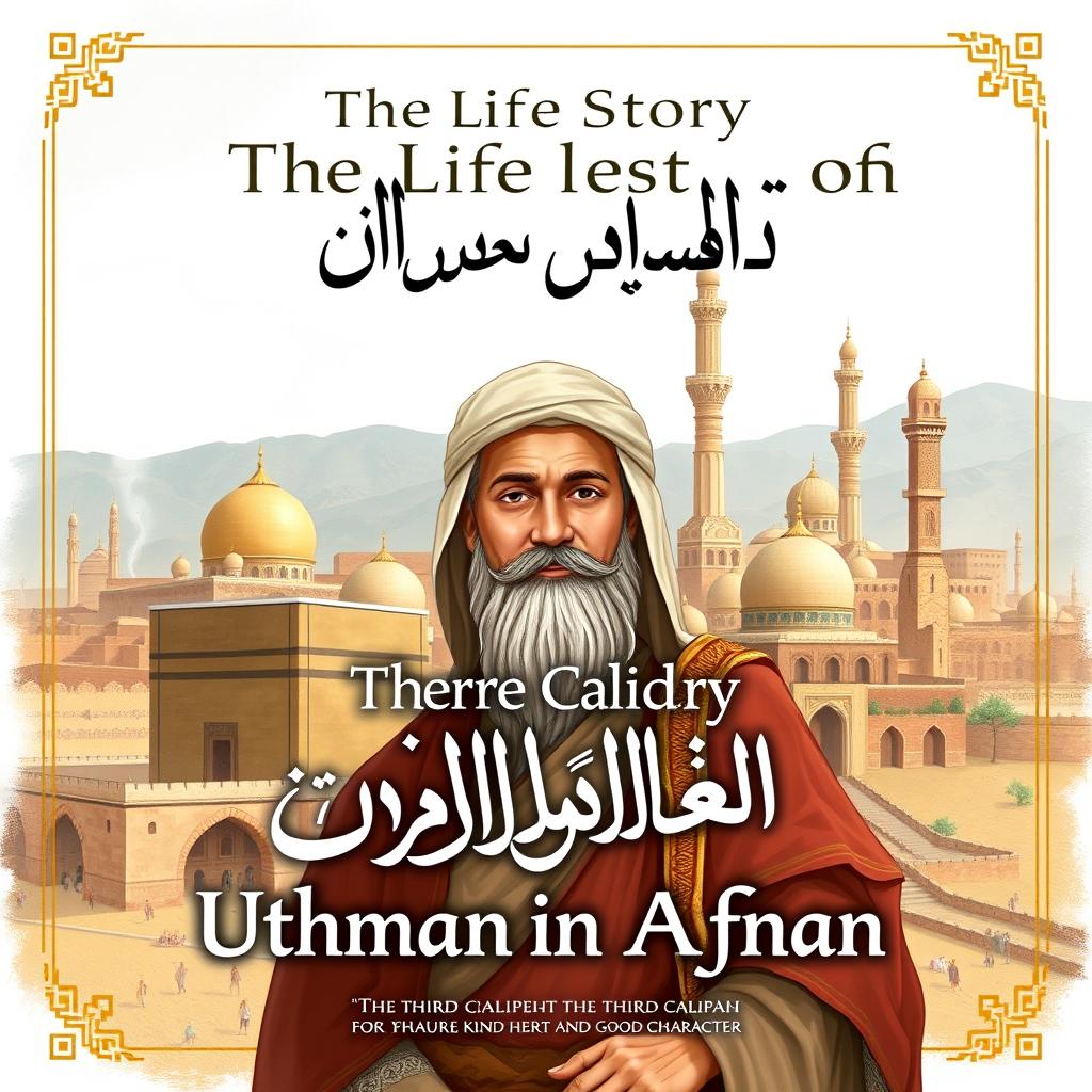 Cover design for 'The Life Story of Uthman ibn Affan', featuring Uthman ibn Affan, the third caliph, celebrated for his kind heart and good character