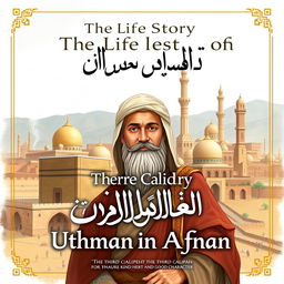 Cover design for 'The Life Story of Uthman ibn Affan', featuring Uthman ibn Affan, the third caliph, celebrated for his kind heart and good character