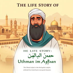 Cover design for 'The Life Story of Uthman ibn Affan', featuring Uthman ibn Affan, the third caliph, celebrated for his kind heart and good character