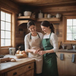 A warm and cozy wooden house interior, where a loving mother is cooking a meal with her young son, both wearing aprons and smiles.