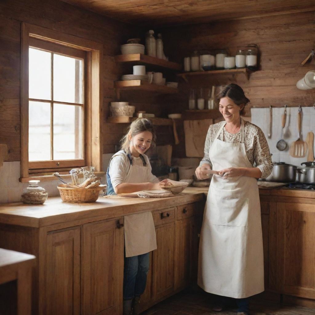 A warm and cozy wooden house interior, where a loving mother is cooking a meal with her young son, both wearing aprons and smiles.