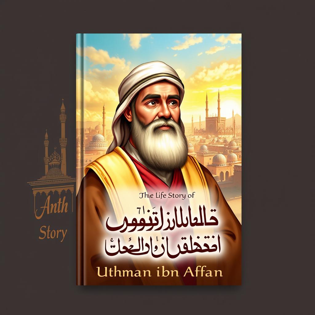 Cover design for 'The Life Story of Uthman ibn Affan', depicting Uthman ibn Affan, the third caliph, known for his kind heart and noble character