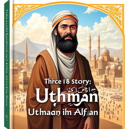 Cover design for 'The Life Story of Uthman ibn Affan', depicting Uthman ibn Affan, the third caliph, known for his kind heart and noble character