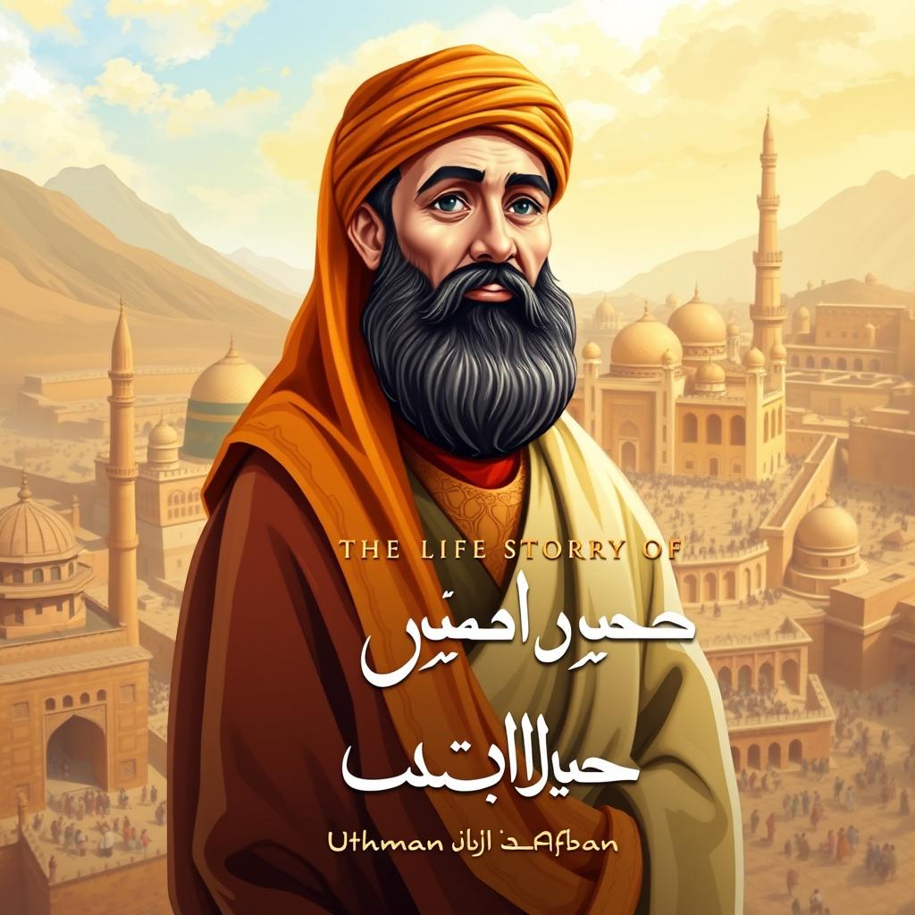 Cover design for 'The Life Story of Uthman ibn Affan', depicting Uthman ibn Affan, the third caliph, known for his kind heart and noble character