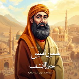 Cover design for 'The Life Story of Uthman ibn Affan', depicting Uthman ibn Affan, the third caliph, known for his kind heart and noble character