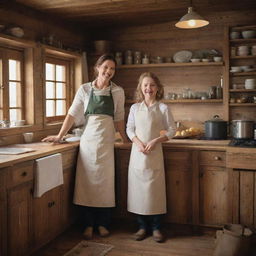 A warm and cozy wooden house interior, where a loving mother is cooking a meal with her young son, both wearing aprons and smiles.