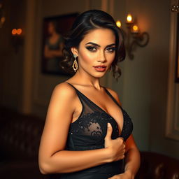 a sultry, elegant scene featuring a confident, attractive woman in a glamorous evening dress, highlighting her charm and sophistication