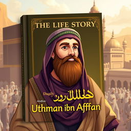 Cover design for 'The Life Story of Uthman ibn Affan', illustrating Uthman ibn Affan, the third caliph, famous for his kind heart and noble character