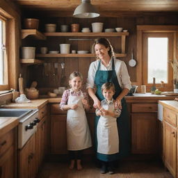 A warm and cozy wooden house interior, where a loving mother is cooking a meal with her young son, both wearing aprons and smiles.