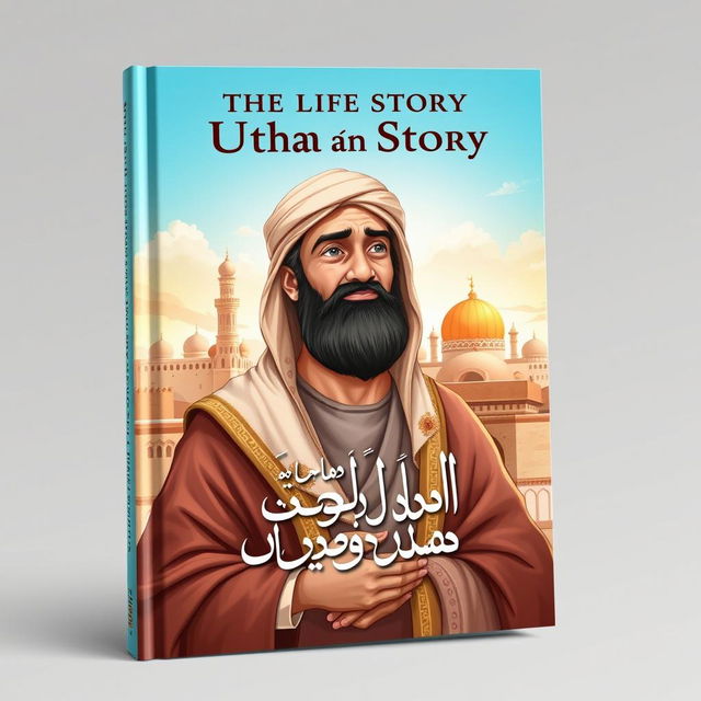 Cover design for 'The Life Story of Uthman ibn Affan', illustrating Uthman ibn Affan, the third caliph, famous for his kind heart and noble character