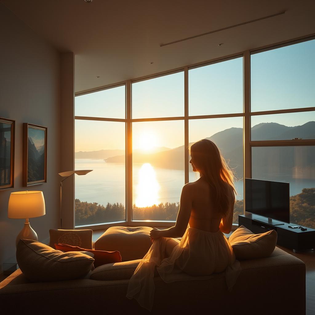 A super realistic image of a modern living room interior with a panoramic window revealing a stunning view of a lake and mountains