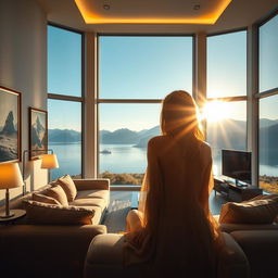 A super realistic image of a modern living room interior with a panoramic window revealing a stunning view of a lake and mountains