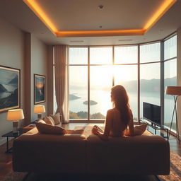 A super realistic image of a modern living room interior with a panoramic window revealing a stunning view of a lake and mountains