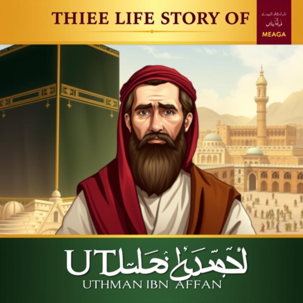 Cover design for 'The Life Story of Uthman ibn Affan', illustrating Uthman ibn Affan, the third caliph, known for his kind heart and noble character