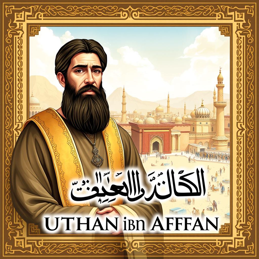 Cover design for 'The Life Story of Uthman ibn Affan', illustrating Uthman ibn Affan, the third caliph, known for his kind heart and noble character