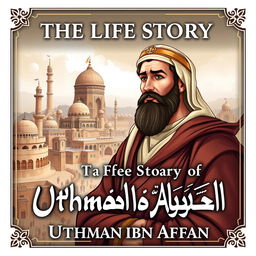 Cover design for 'The Life Story of Uthman ibn Affan', illustrating Uthman ibn Affan, the third caliph, known for his kind heart and noble character