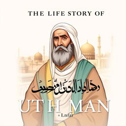 Cover design for 'The Life Story of Uthman ibn Affan', illustrating Uthman ibn Affan, the third caliph, known for his kind heart and noble character