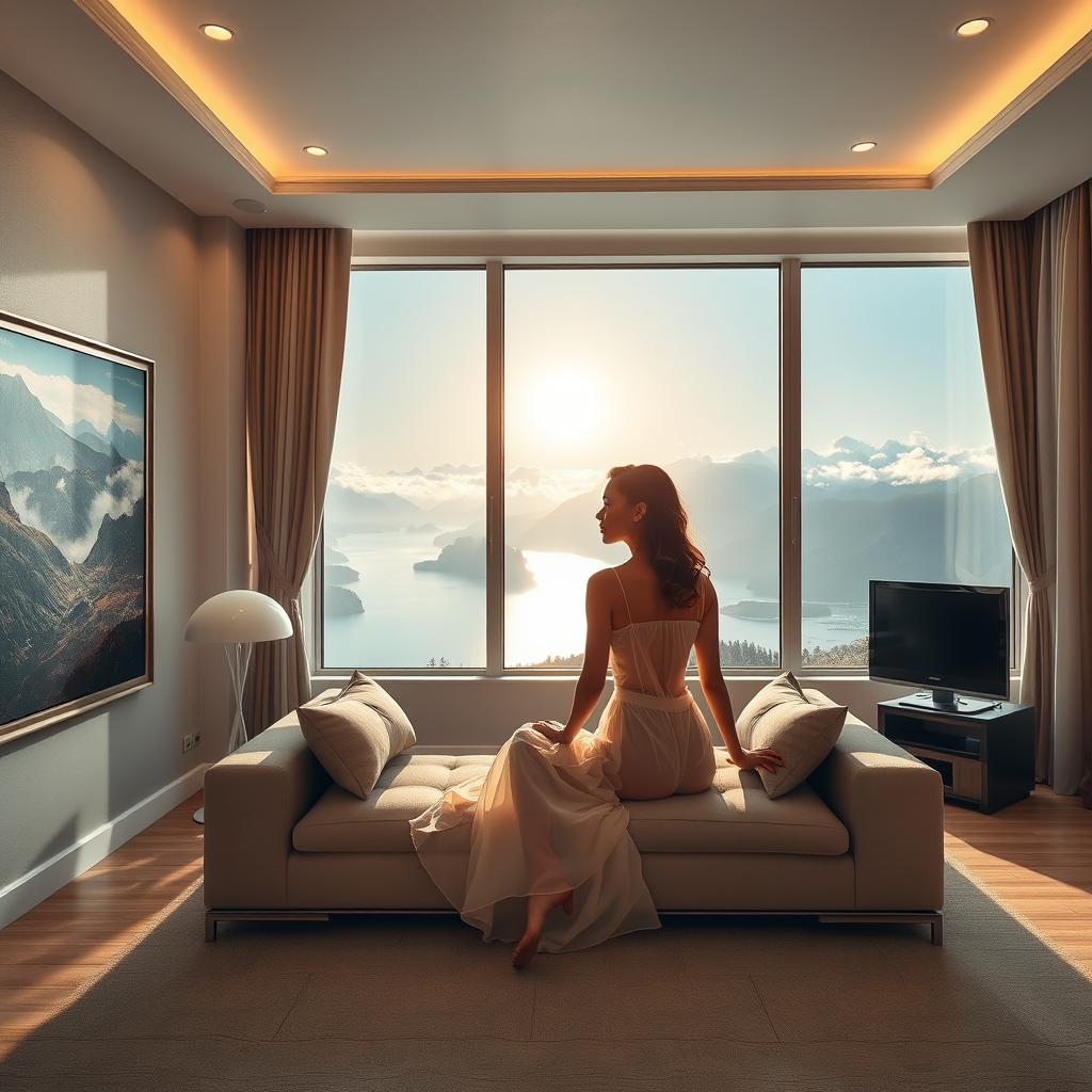 A meticulously detailed modern living room interior, showcasing a panoramic window overlooking a breathtaking view of a lake with mountains and clouds