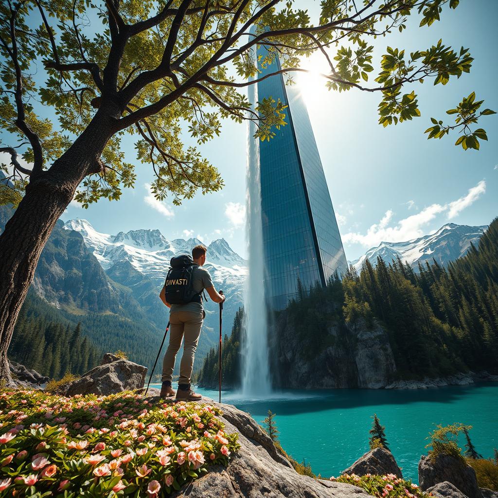 A wide-angle shot capturing an architect standing on a flower-covered rock under a tree with dense foliage and large flowers