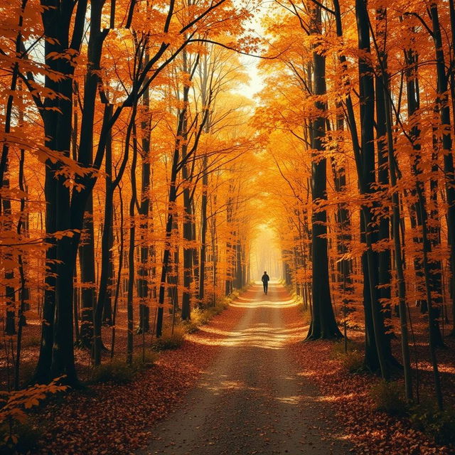 A picturesque path heading into the distance, lined by tall trees with orange autumn leaves, evoking a sense of tranquility and serenity