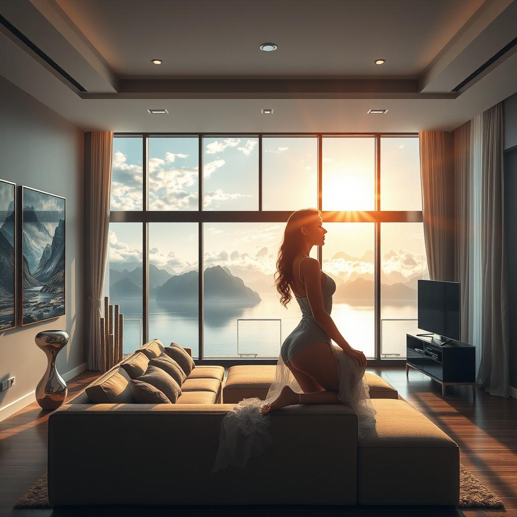 A super realistic depiction of a modern living room interior featuring a panoramic window that offers a mesmerizing view of a lake with mountains and clouds