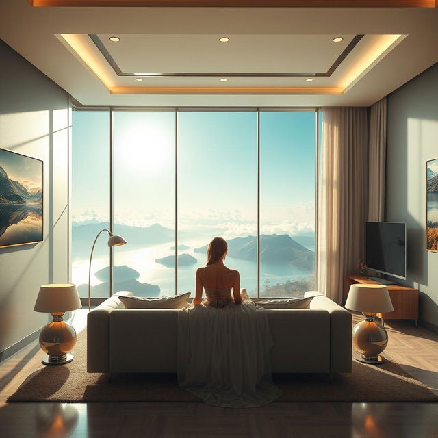 A super realistic depiction of a modern living room interior featuring a panoramic window that offers a mesmerizing view of a lake with mountains and clouds