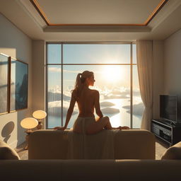 A super realistic depiction of a modern living room interior featuring a panoramic window that offers a mesmerizing view of a lake with mountains and clouds