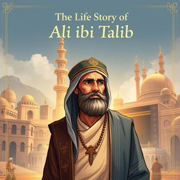 A captivating illustration of Ali ibn Abi Talib, the fourth caliph, depicted with an aura of intelligence, bravery, and strong character