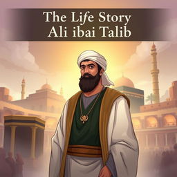 A captivating illustration of Ali ibn Abi Talib, the fourth caliph, depicted with an aura of intelligence, bravery, and strong character