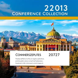 Vertical cover of the Conference Collection featuring Almaty, the majestic mountains in the background, a prominent theatre building, and a vibrant display of Uyghur national colors