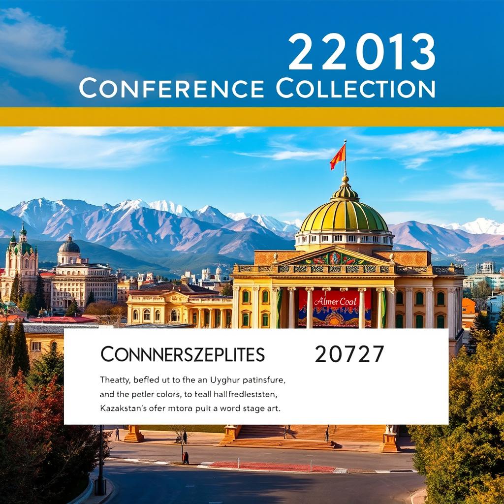 Vertical cover of the Conference Collection featuring Almaty, the majestic mountains in the background, a prominent theatre building, and a vibrant display of Uyghur national colors