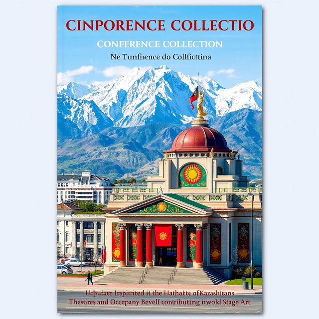 Vertical cover of the Conference Collection featuring Almaty, the majestic mountains in the background, a prominent theatre building, and a vibrant display of Uyghur national colors