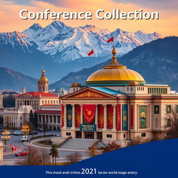 Vertical cover of the Conference Collection featuring Almaty, the majestic mountains in the background, a prominent theatre building, and a vibrant display of Uyghur national colors