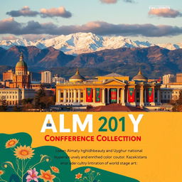 Vertical cover of the Conference Collection featuring Almaty, the majestic mountains in the background, a prominent theatre building, and a vibrant display of Uyghur national colors