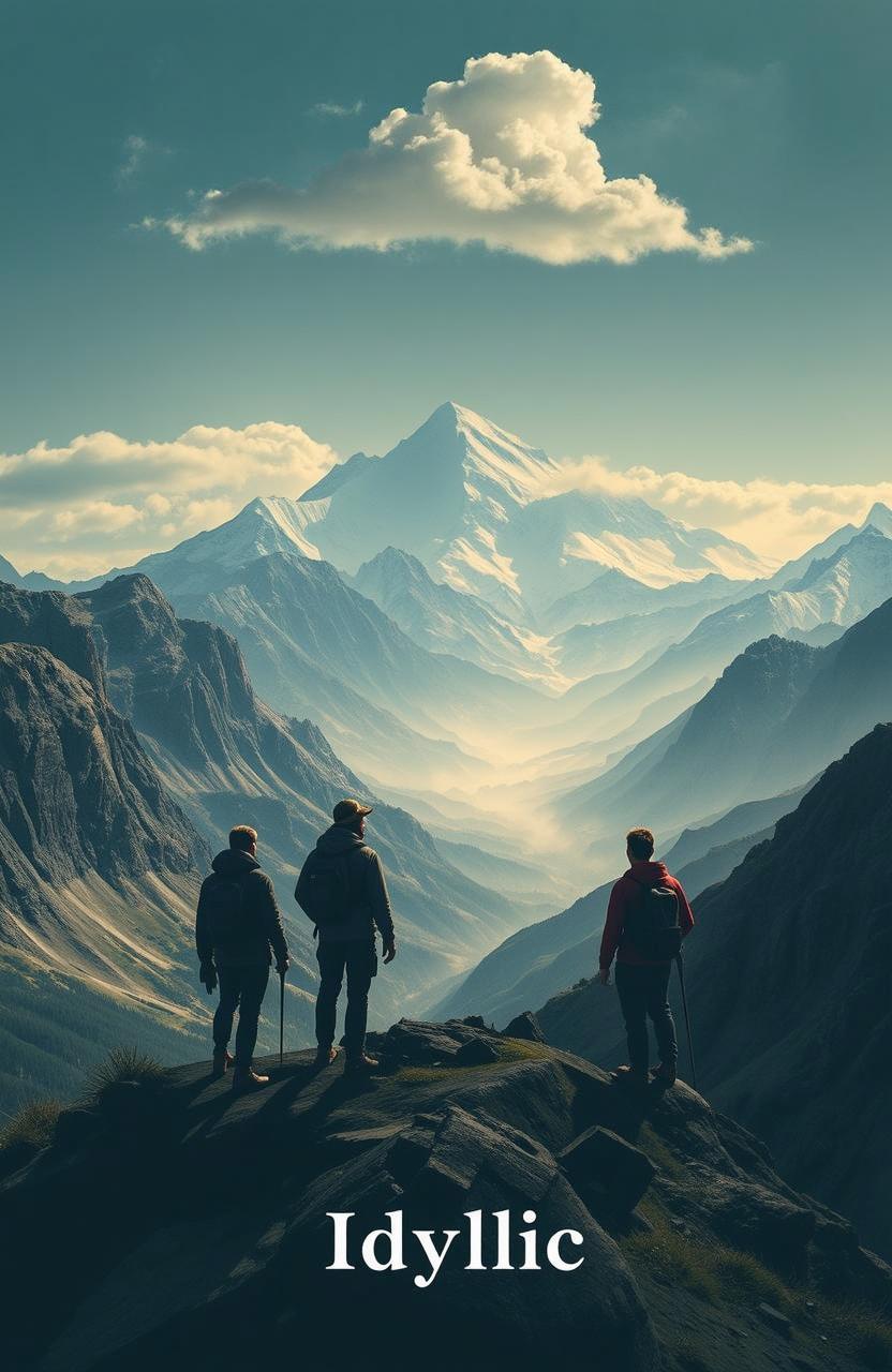 Create a book cover with a group of companions standing on a mountain peak, overlooking a vast and breathtaking landscape