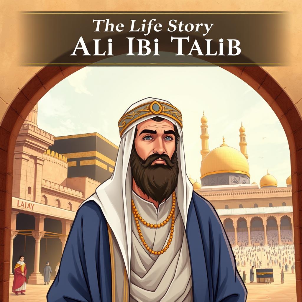 A captivating illustration of Ali ibn Abi Talib, the fourth caliph, depicted with an aura of intelligence, bravery, and strong character