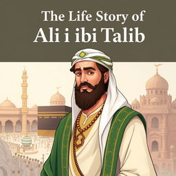 A captivating illustration of Ali ibn Abi Talib, the fourth caliph, depicted with an aura of intelligence, bravery, and strong character