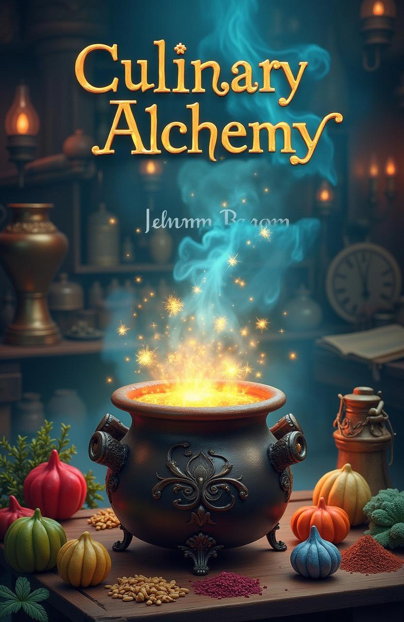 A whimsical and enchanting book cover with the title 'Culinary Alchemy', featuring an ornate cauldron bubbling with magical ingredients under a soft glow