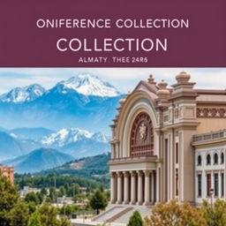 Vertical cover of the Conference Collection featuring a stunning photograph of Almaty with majestic mountains in the background and a prominent theater building