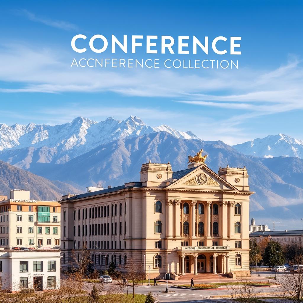 Vertical cover of the Conference Collection featuring a stunning photograph of Almaty with majestic mountains in the background and a prominent theater building