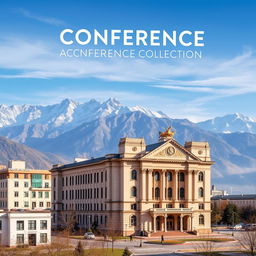 Vertical cover of the Conference Collection featuring a stunning photograph of Almaty with majestic mountains in the background and a prominent theater building